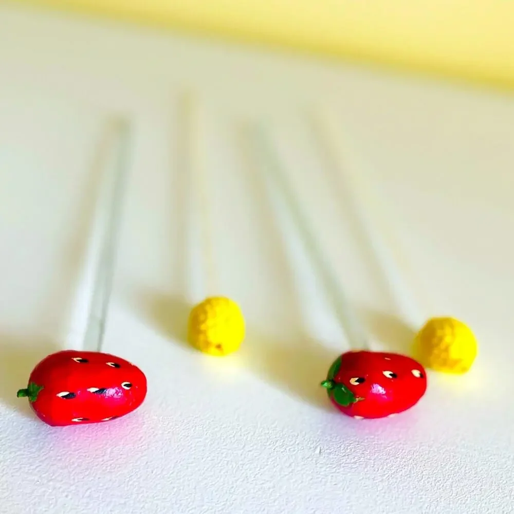 Vtg Glass Swizzle Sticks Paper Mache Strawberry Pineapple Stirrers Blown Glass